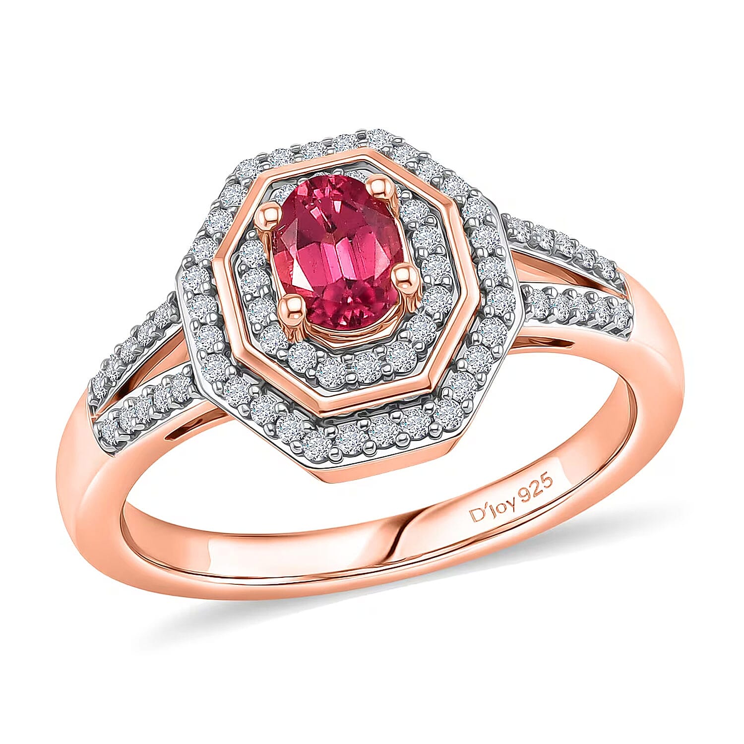D'Joy Premium Ouro Fino Rubellite and Moissanite 0.65 ctw Passion Halo Ring in 18K Vermeil Rose Gold Over Sterling Silver (Size 5.0)