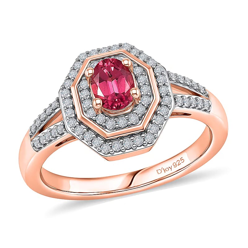 D'Joy Premium Ouro Fino Rubellite and Moissanite 0.65 ctw Passion Halo Ring in 18K Vermeil Rose Gold Over Sterling Silver (Size 5.0)