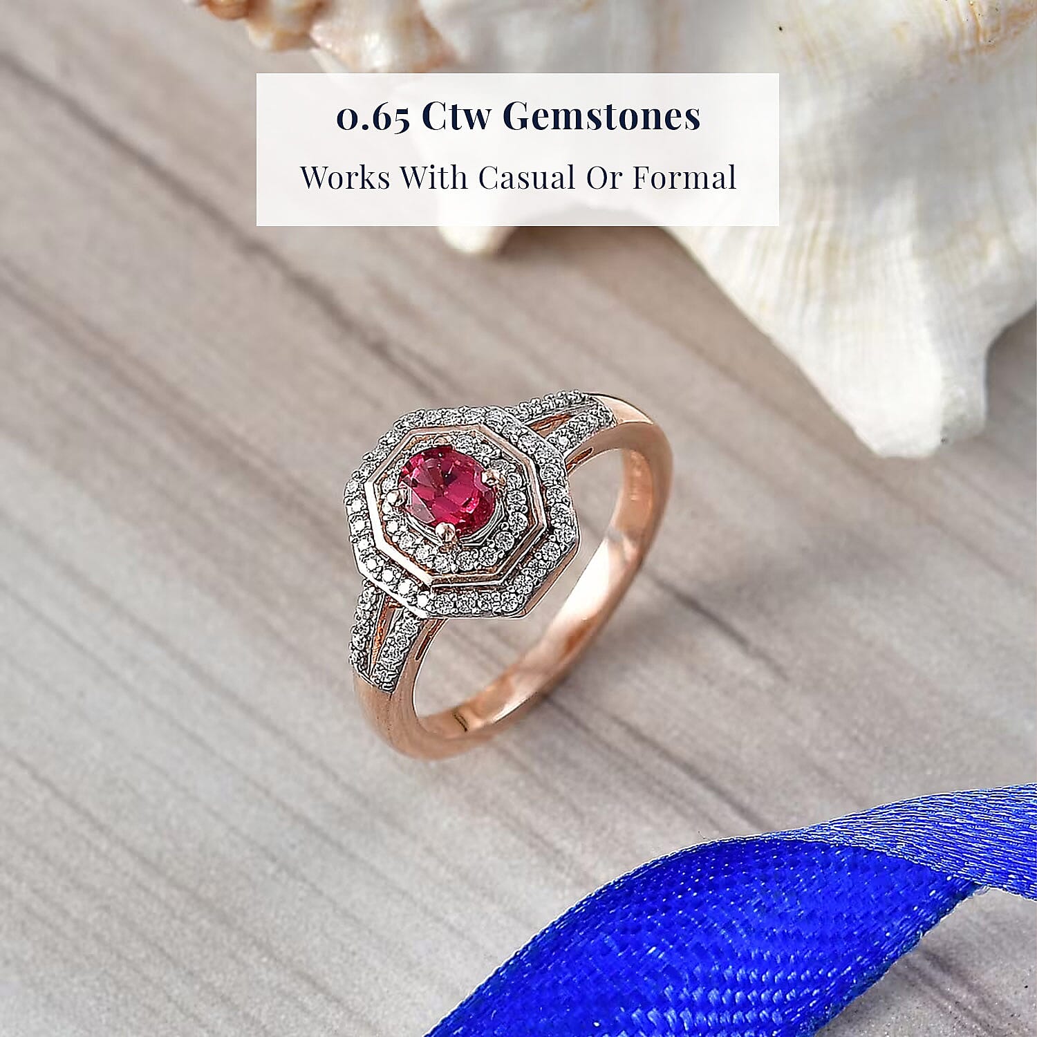 D'Joy Premium Ouro Fino Rubellite and Moissanite 0.65 ctw Passion Halo Ring in 18K Vermeil Rose Gold Over Sterling Silver (Size 5.0)