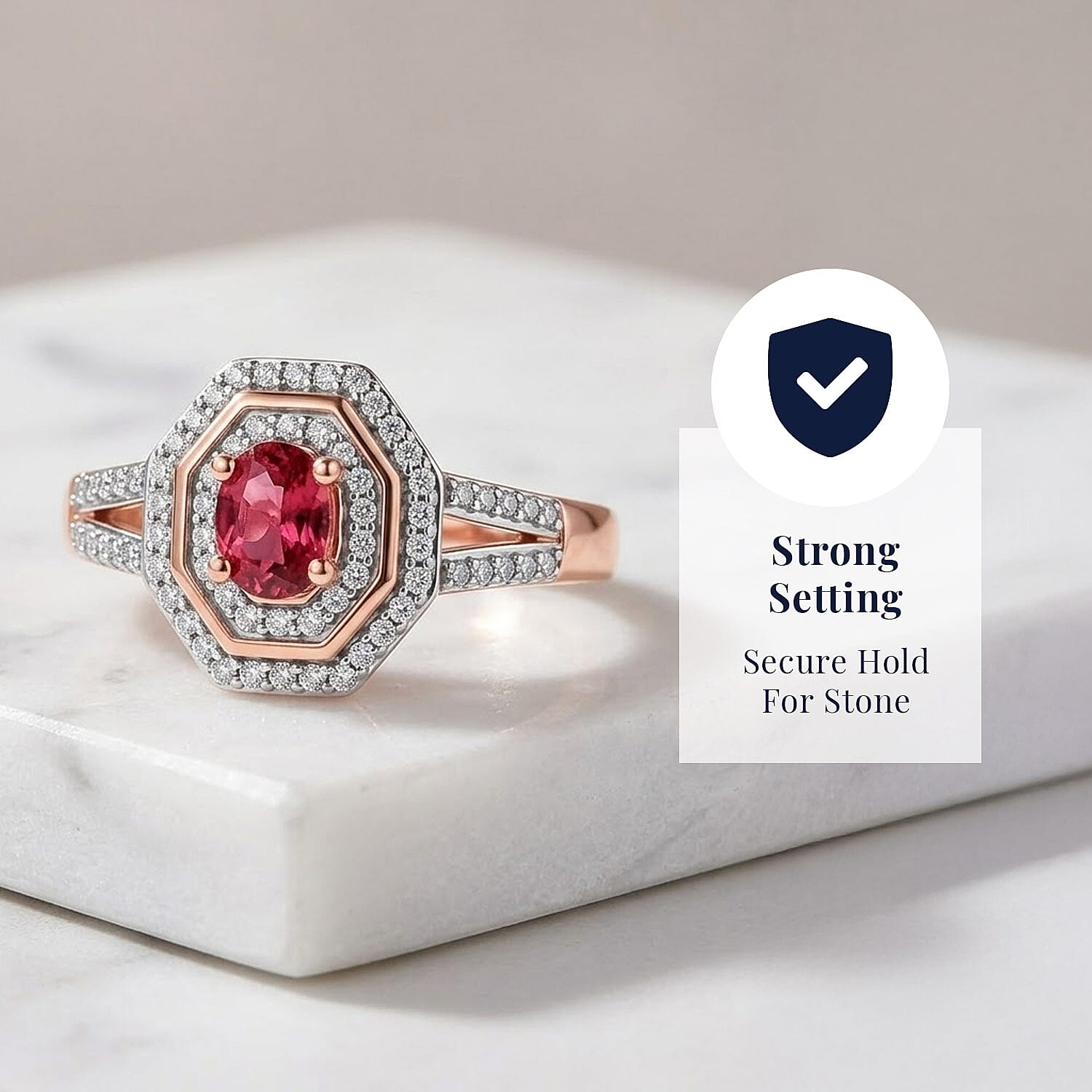 D'Joy Premium Ouro Fino Rubellite and Moissanite 0.65 ctw Passion Halo Ring in 18K Vermeil Rose Gold Over Sterling Silver (Size 5.0)