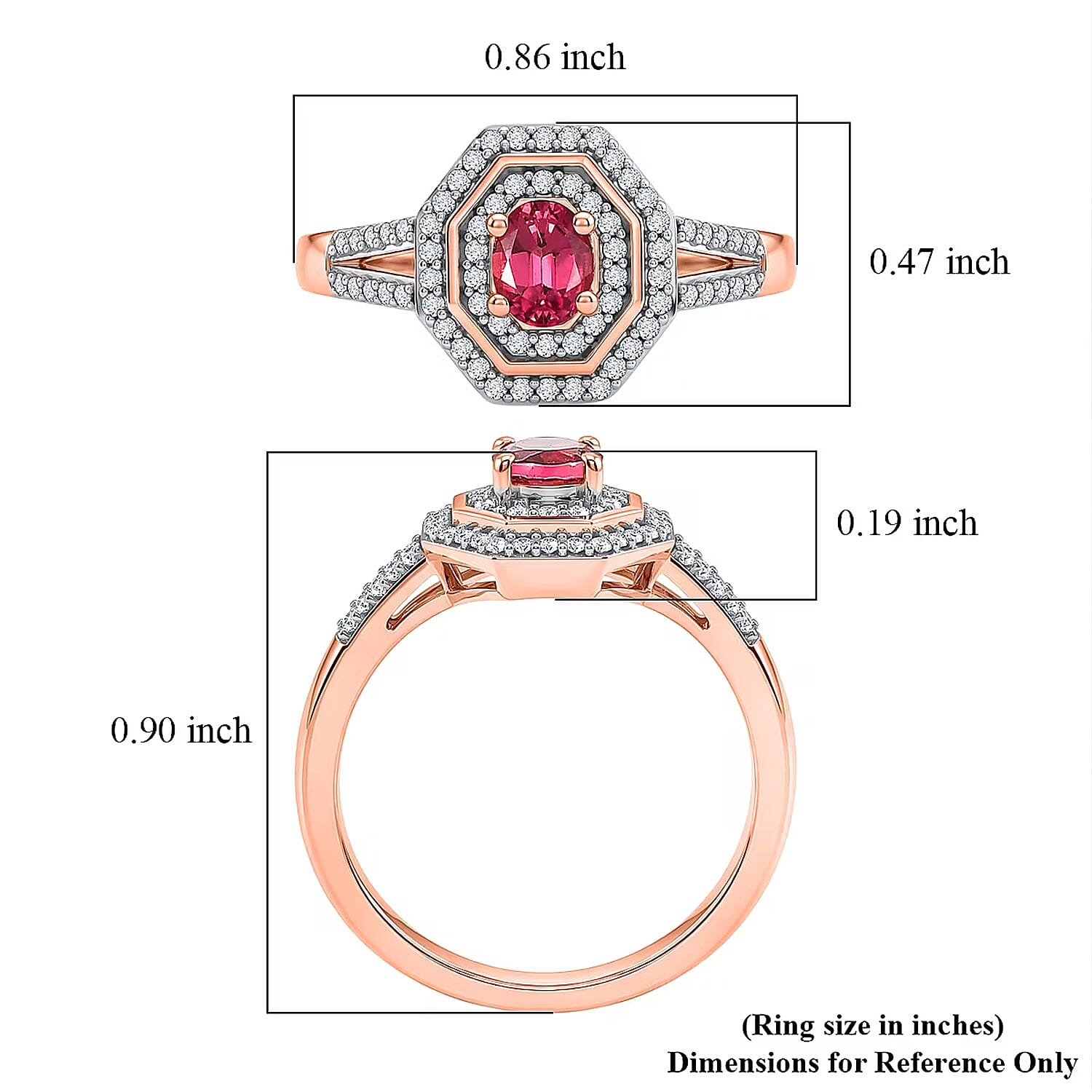 D'Joy Premium Ouro Fino Rubellite and Moissanite 0.65 ctw Passion Halo Ring in 18K Vermeil Rose Gold Over Sterling Silver (Size 5.0)