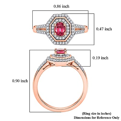 D'Joy Premium Ouro Fino Rubellite and Moissanite 0.65 ctw Passion Halo Ring in 18K Vermeil Rose Gold Over Sterling Silver (Size 5.0)