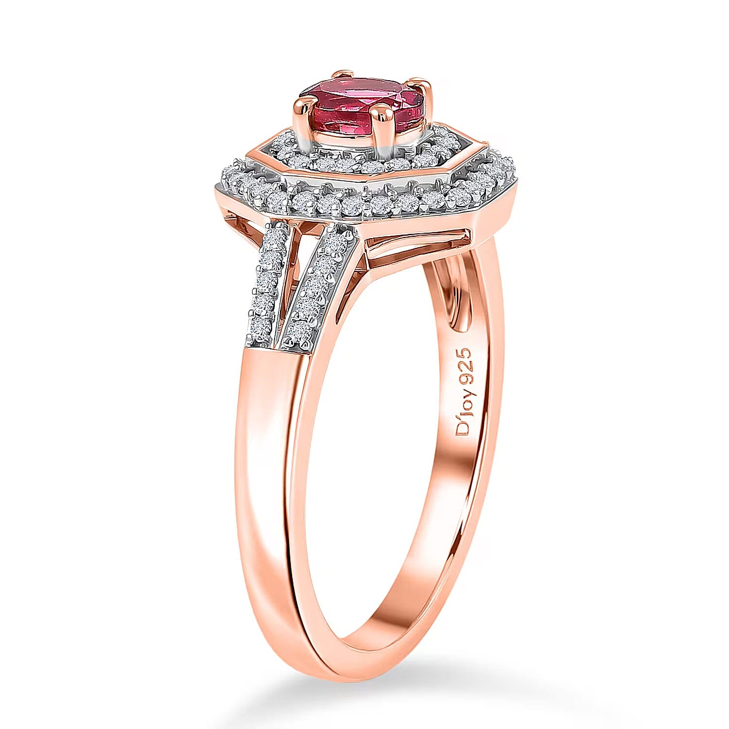 D'Joy Premium Ouro Fino Rubellite and Moissanite 0.65 ctw Passion Halo Ring in 18K Vermeil Rose Gold Over Sterling Silver (Size 5.0)
