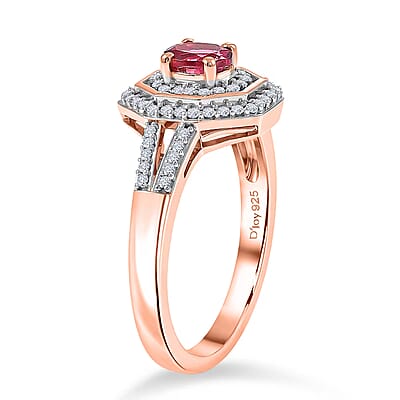 D'Joy Premium Ouro Fino Rubellite and Moissanite 0.65 ctw Passion Halo Ring in 18K Vermeil Rose Gold Over Sterling Silver (Size 5.0)