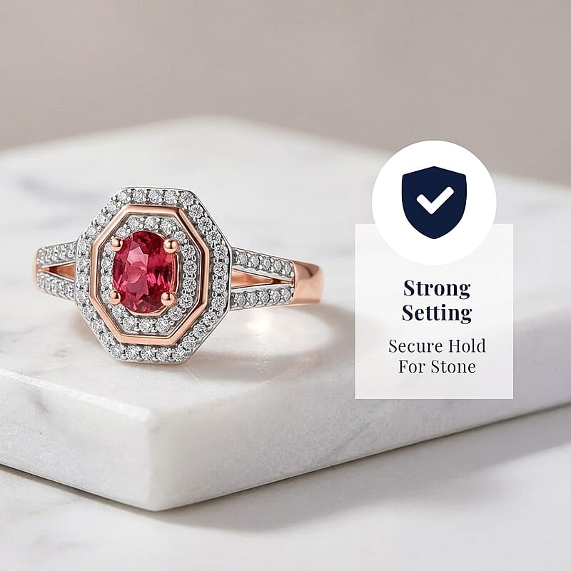 D'Joy Premium Ouro Fino Rubellite and Moissanite 0.65 ctw Passion Halo Ring in 18K Vermeil Rose Gold Over Sterling Silver (Size 6.0)