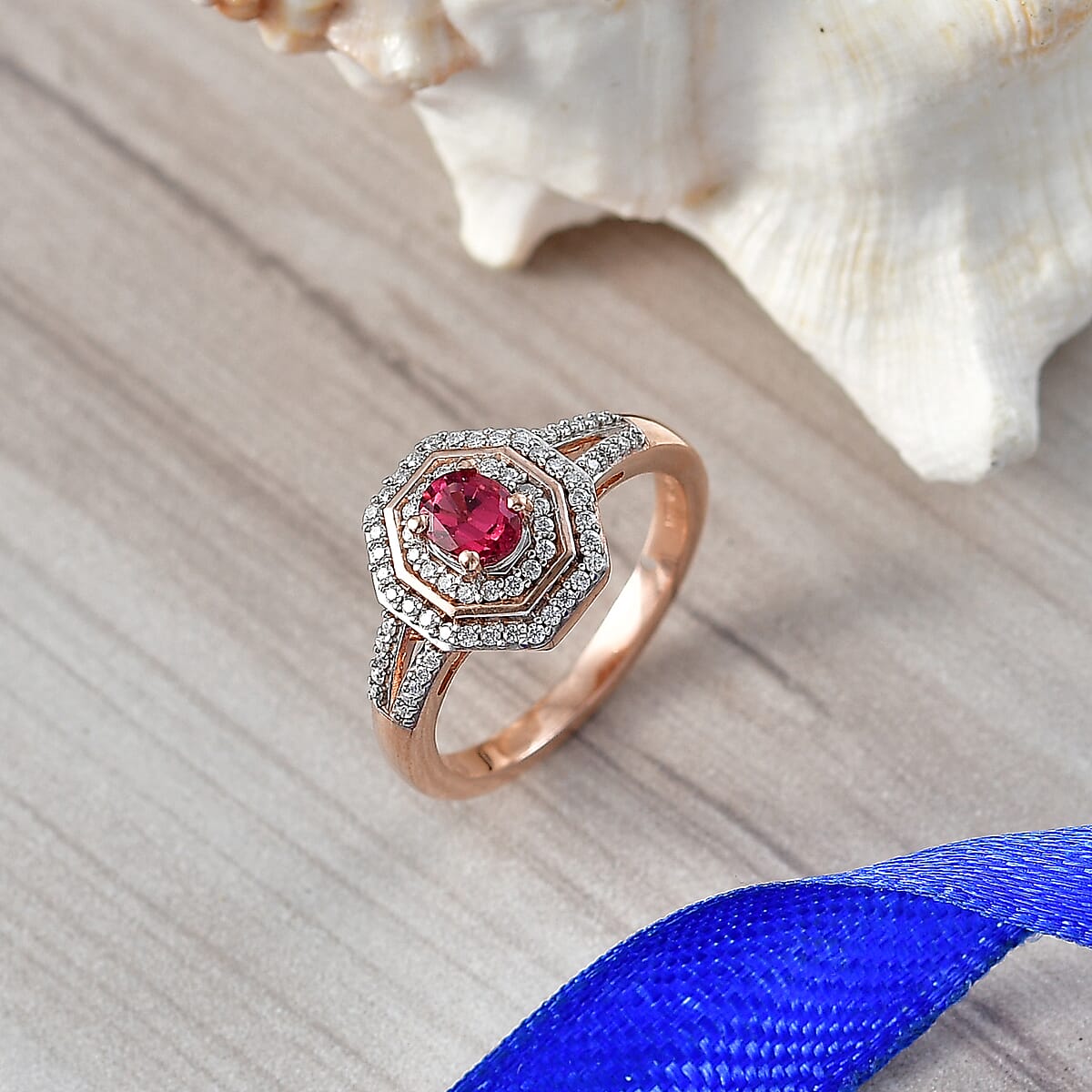 D'Joy Premium Ouro Fino Rubellite and Moissanite 0.65 ctw Passion Halo Ring in 18K Vermeil Rose Gold Over Sterling Silver (Size 7.0) image number 1