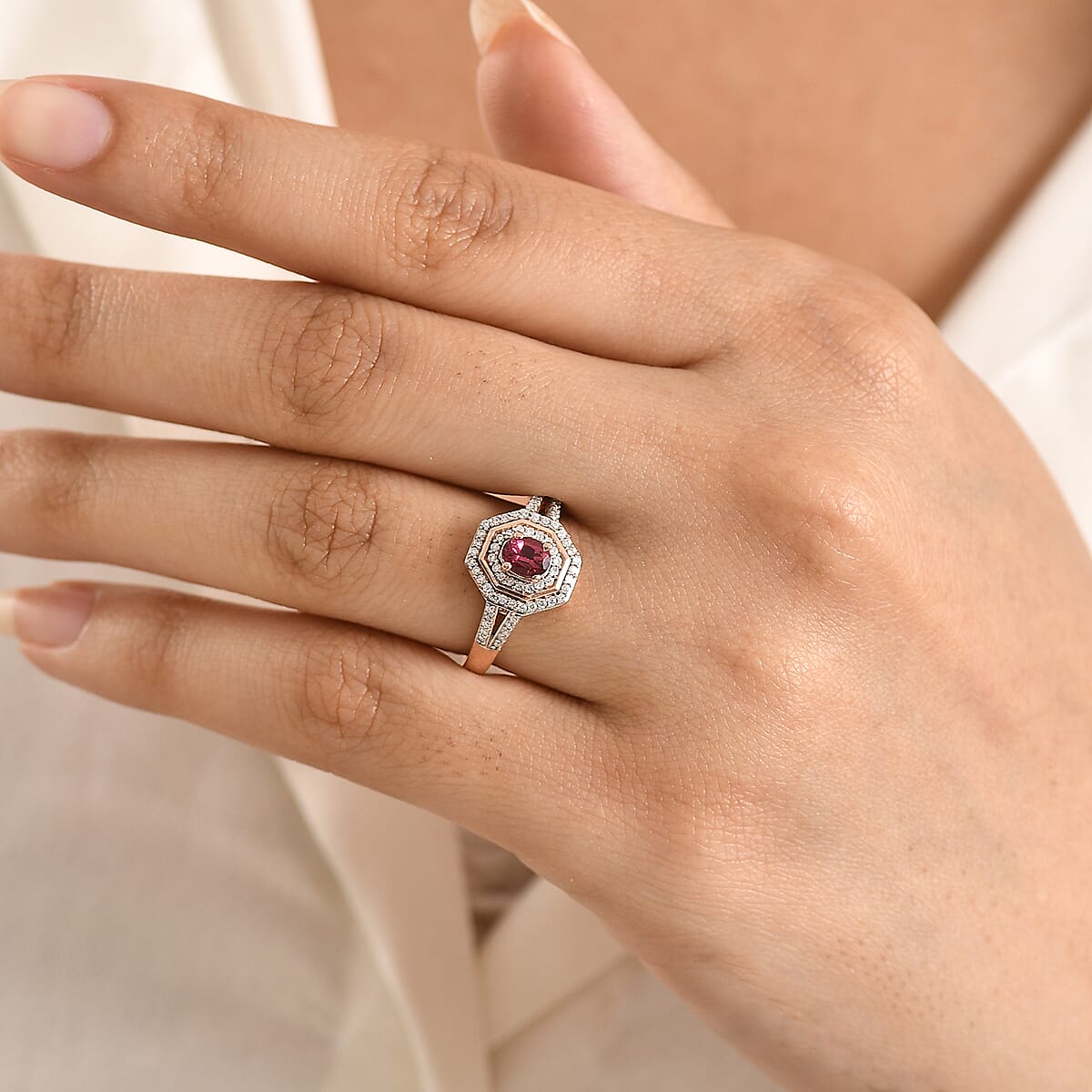 D'Joy Premium Ouro Fino Rubellite and Moissanite 0.65 ctw Passion Halo Ring in 18K Vermeil Rose Gold Over Sterling Silver (Size 7.0) image number 2