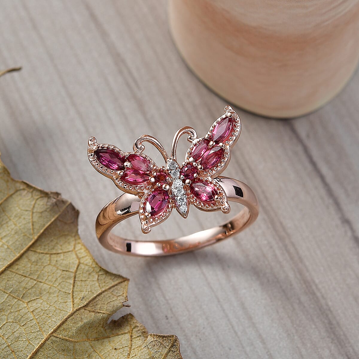 D'Joy Ouro Fino Rubellite and Moissanite 1.00 ctw Butterfly Ring in 18K Vermeil Rose Gold Over Sterling Silver (Size 10.0) image number 1