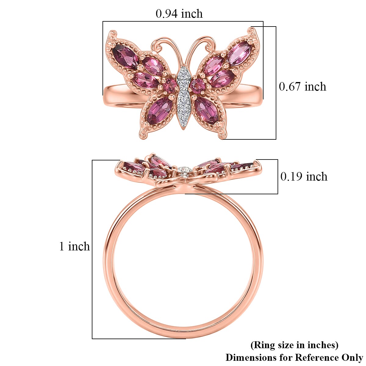 D'Joy Ouro Fino Rubellite and Moissanite 1.00 ctw Butterfly Ring in 18K Vermeil Rose Gold Over Sterling Silver (Size 10.0) image number 5