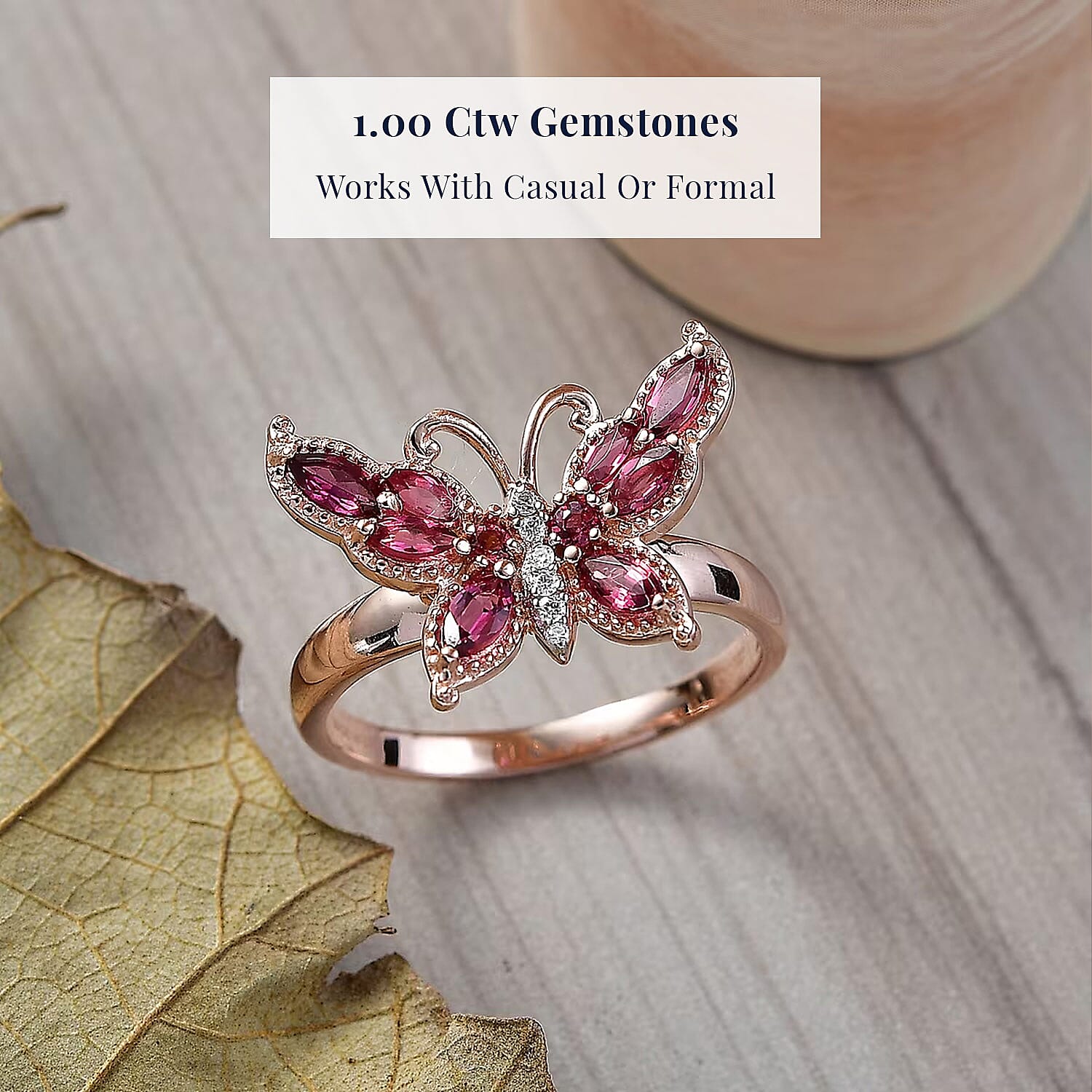 D'Joy Ouro Fino Rubellite and Moissanite 1.00 ctw Butterfly Ring in 18K Vermeil Rose Gold Over Sterling Silver (Size 7.0)
