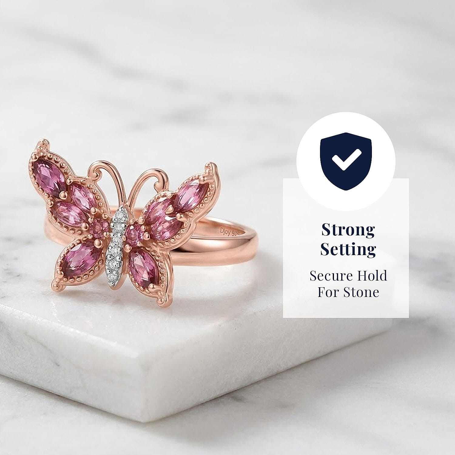 D'Joy Ouro Fino Rubellite and Moissanite 1.00 ctw Butterfly Ring in 18K Vermeil Rose Gold Over Sterling Silver (Size 7.0)