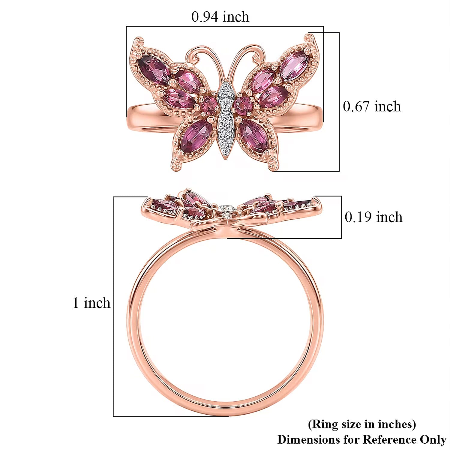 D'Joy Ouro Fino Rubellite and Moissanite 1.00 ctw Butterfly Ring in 18K Vermeil Rose Gold Over Sterling Silver (Size 7.0)