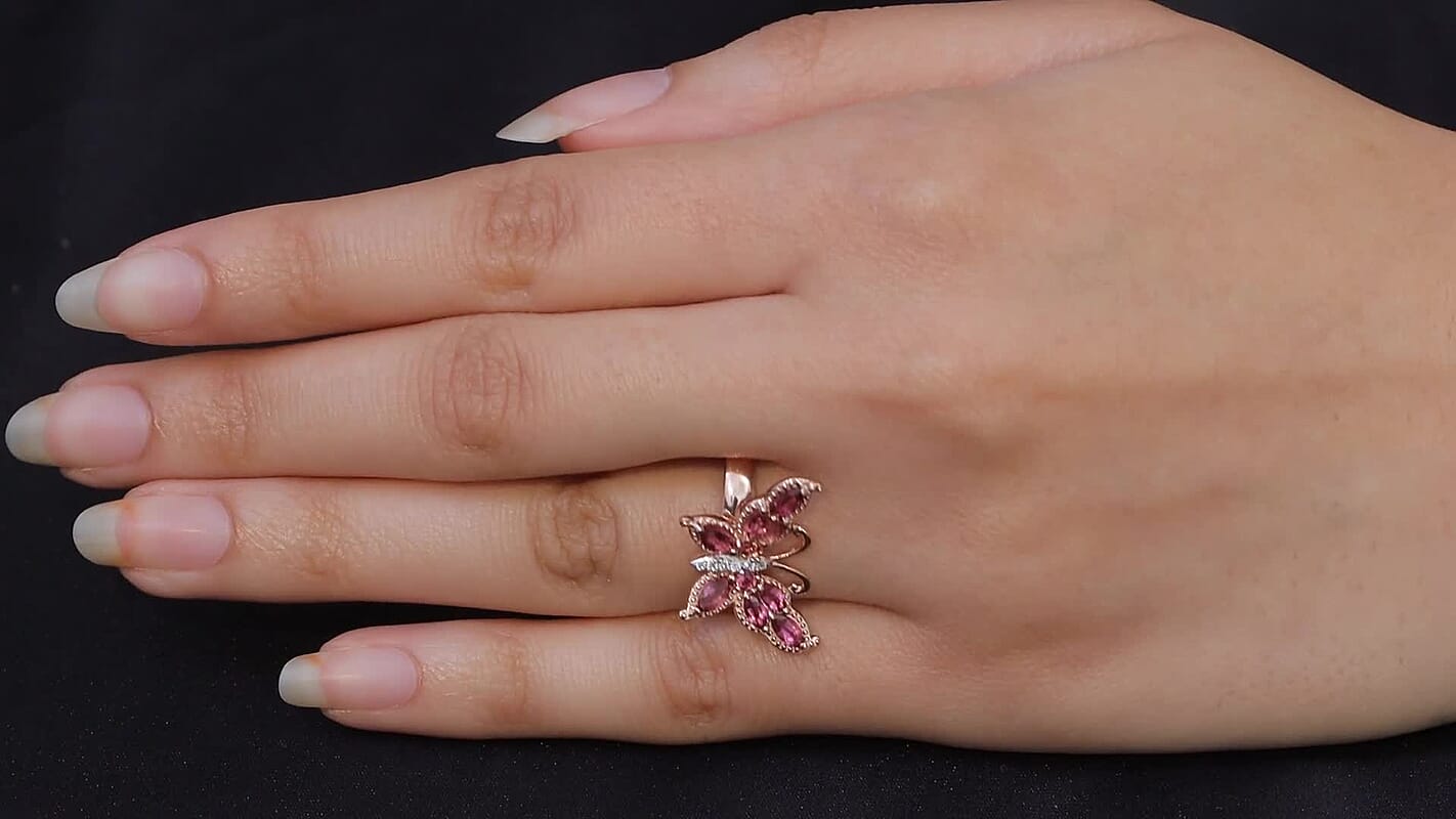 D'Joy Ouro Fino Rubellite, Moissanite Butterfly Ring in 18K Vermeil RG Over Sterling Silver (Size 10.0) 1.00 ctw
