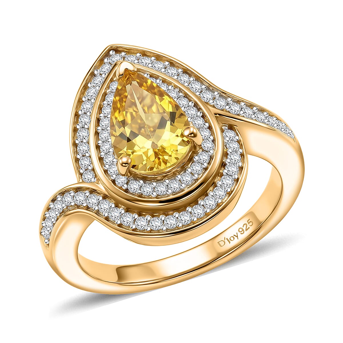D'Joy AAA Brazilian Heliodor, Moissanite Ring in 18K Vermeil YG Over Sterling Silver (Size 10.0) 1.50 ctw