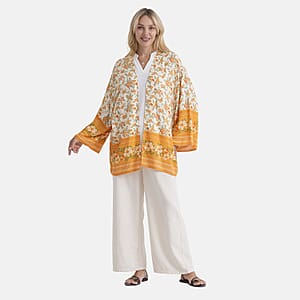 La Marey White Yellow Floral Pattern Short Print Kimono - One Size Fits Most