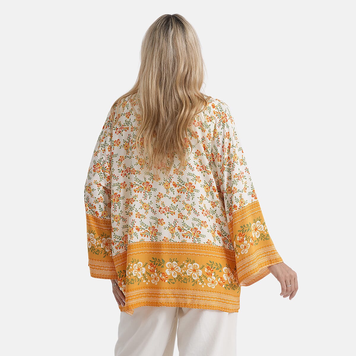 La Marey White Yellow Floral Pattern Short Print Kimono - One Size Fits Most image number 1