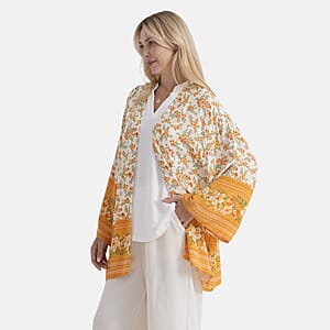 La Marey White Yellow Floral Pattern Short Print Kimono - One Size Fits Most
