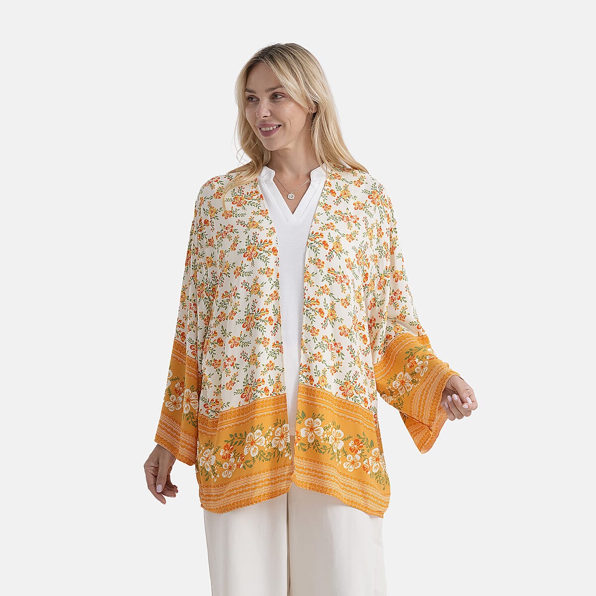 La Marey White Yellow Floral Pattern Short Print Kimono - One Size Fits Most image number 3