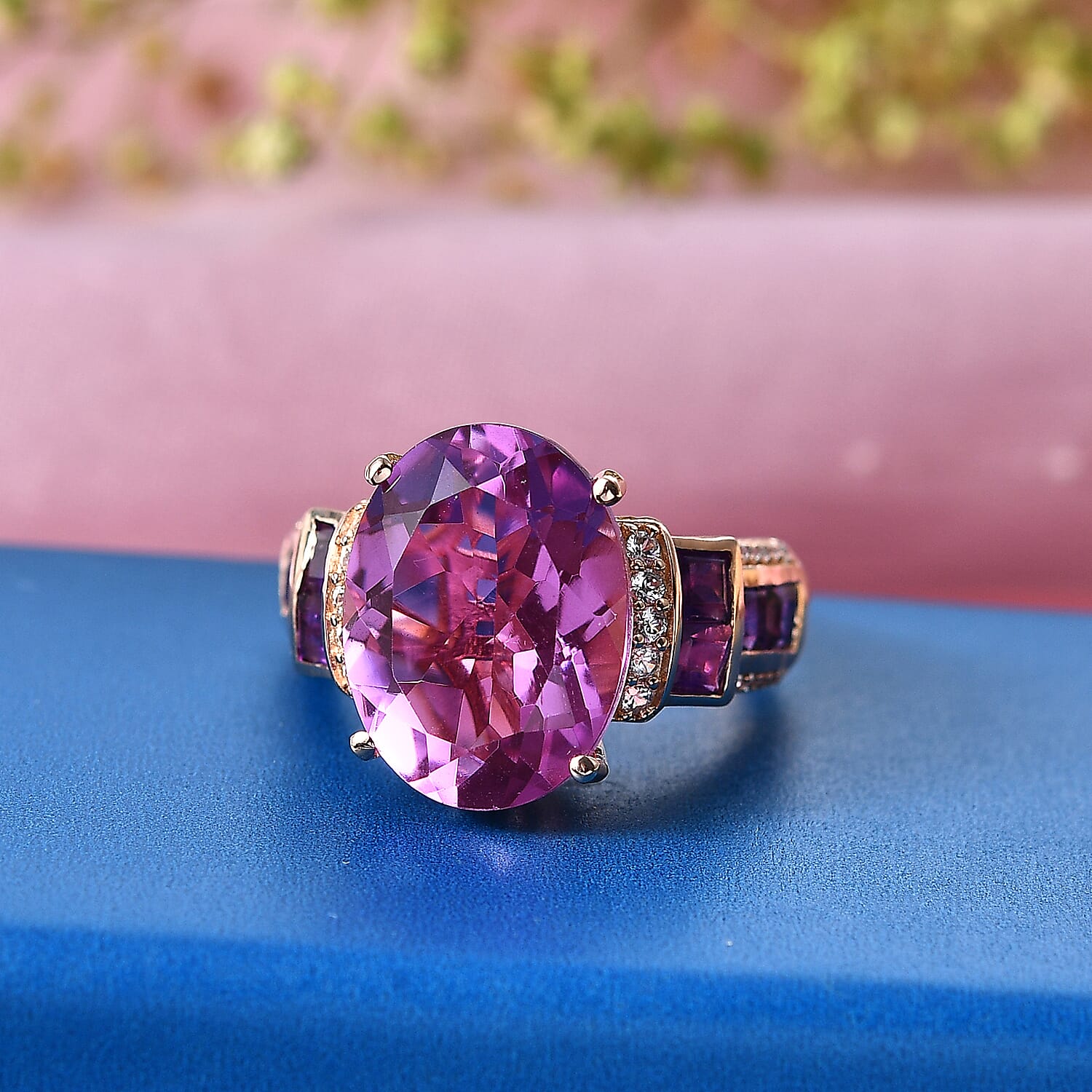 EverTrue African Lilac Quartz (Triplet) and Multi Gemstone 11.10 ctw Empress Rose Ring in 18K Rose Gold Plated (Size 11.0)