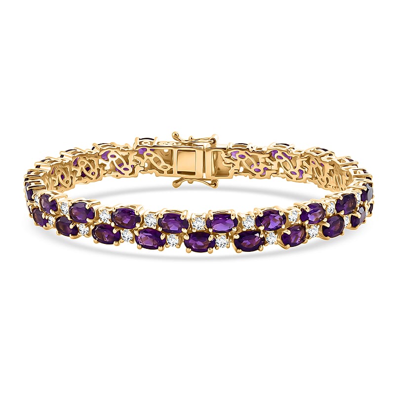 EverTrue African Amethyst and White Topaz 19.20 ctw Zig Zag Double Row Bracelet in 18K Yellow Gold Plated (7.25 In)