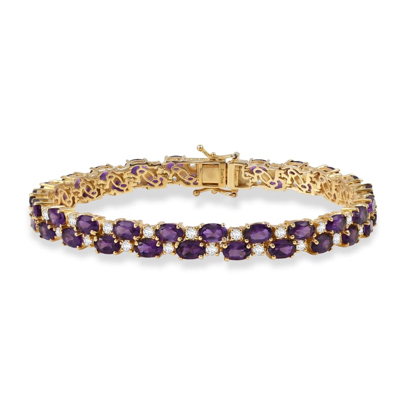 EverTrue African Amethyst and White Topaz 21.10 ctw Zig Zag Double Row Bracelet in 18K YG Plated (8.00 In)