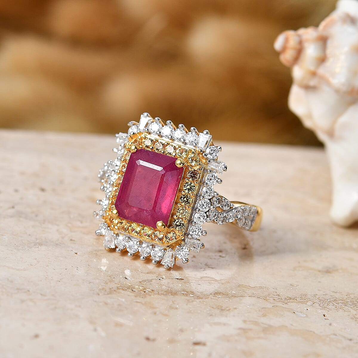 D'Joy Niassa Ruby (FF) and Multi Gemstone 4.50 ctw Ring in 18K Vermeil Yellow Gold Over Sterling Silver (Size 7.0) image number 1