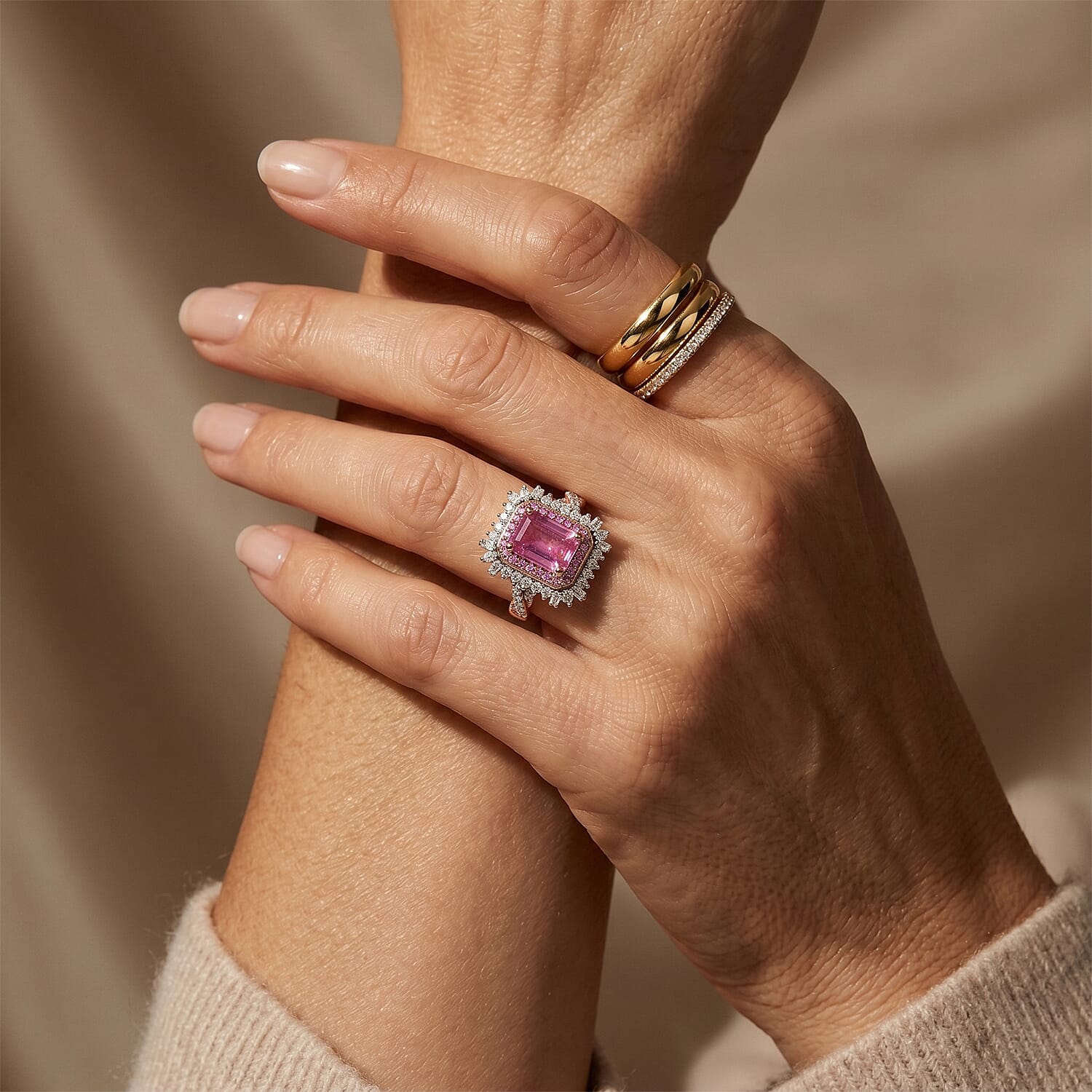 D'Joy Ilakaka Hot Pink Sapphire and Multi Gemstone 4.75 ctw Ring in 18K Vermeil Rose Gold Over Sterling Silver (Size 9.0)