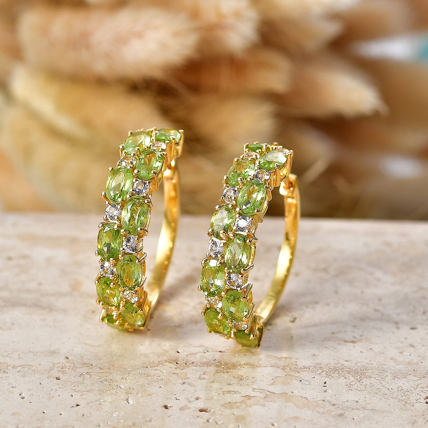 EverTrue Hebei Peridot and White Topaz 11.25 ctw Zig Zag Double Row Hoop Earrings in 18K YG Plated