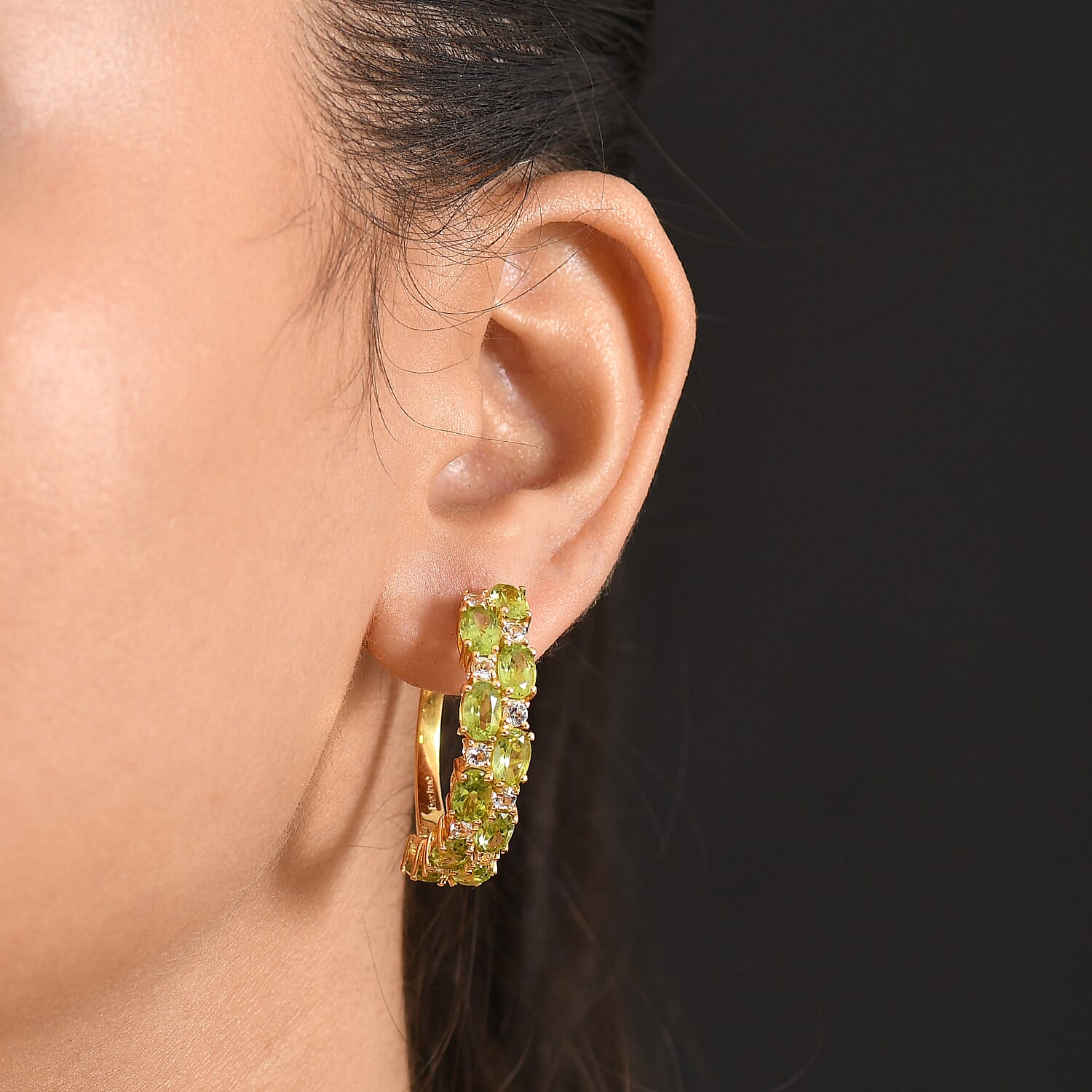 EverTrue Hebei Peridot and White Topaz 11.25 ctw Zig Zag Double Row Hoop Earrings in 18K YG Plated