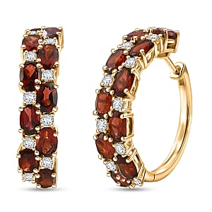 EverTrue Mozambique Garnet and White Topaz 13.60 ctw Zig Zag Double Row Hoop Earrings in 18K YG Plated