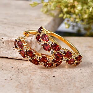 EverTrue Mozambique Garnet and White Topaz 13.60 ctw Zig Zag Double Row Hoop Earrings in 18K YG Plated