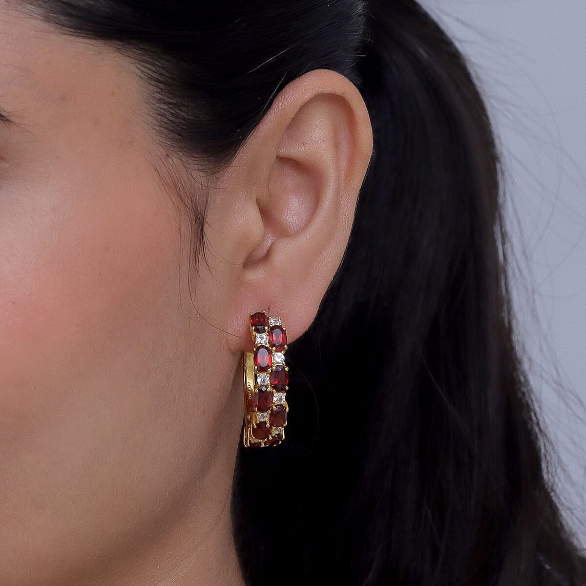 EverTrue Mozambique Garnet and White Topaz 13.60 ctw Zig Zag Double Row Hoop Earrings in 18K YG Plated image number 2