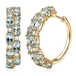 EverTrue Sky Blue Topaz and White Topaz 13.00 ctw Zig Zag Double Row Hoop Earrings in 18K YG Plated