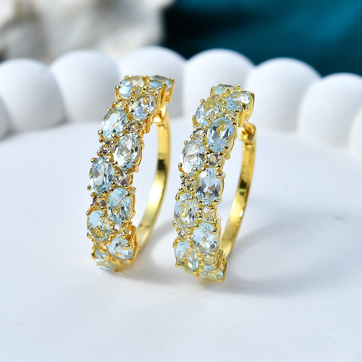 EverTrue Sky Blue Topaz and White Topaz 13.00 ctw Zig Zag Double Row Hoop Earrings in 18K YG Plated image number 1
