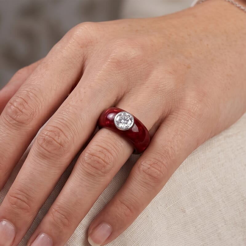 Moissanite and Red Coral 1.20 ctw Ring in Sterling Silver (Size 5.0)