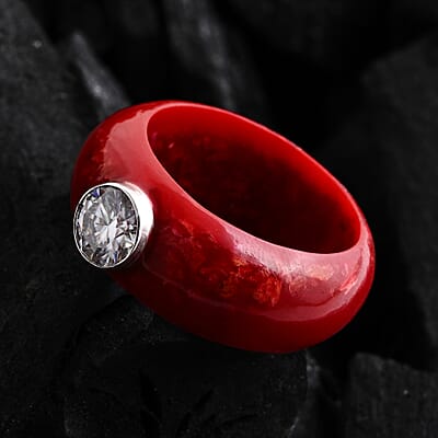 Moissanite and Red Coral 1.20 ctw Ring in Sterling Silver (Size 6.0)