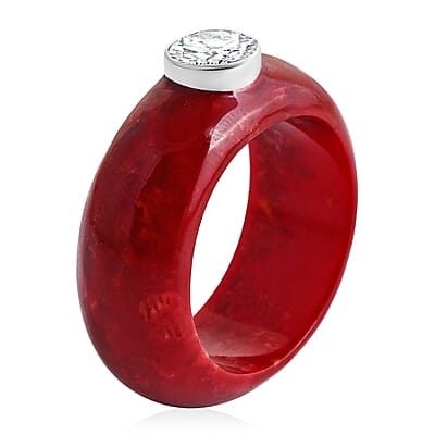 Moissanite and Red Coral 1.20 ctw Ring in Sterling Silver (Size 6.0)