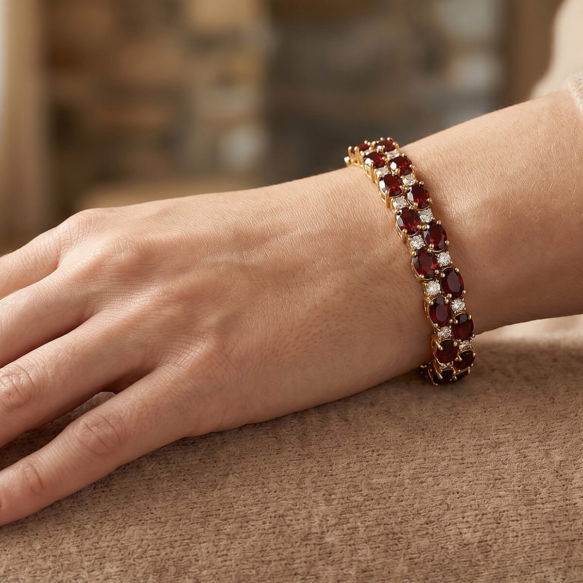 EverTrue Mozambique Garnet and White Topaz 28.10 ctw Zig Zag Double Row Bracelet in 18K YG Plated (8.00 In) image number 2
