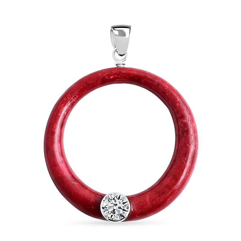 D'Joy Moissanite and Red Coral 1.20 ctw Pendant without Chain in Sterling Silver
