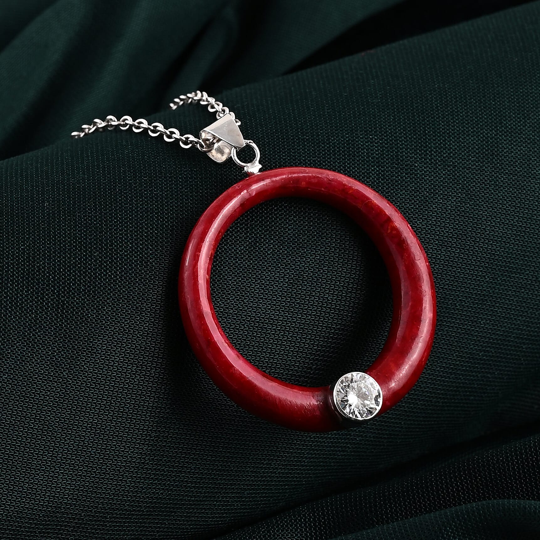 D'Joy Moissanite and Red Coral 1.20 ctw Pendant without Chain in Sterling Silver