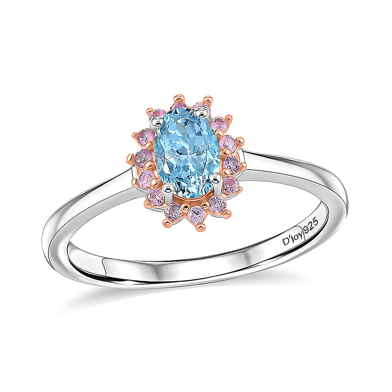 D'Joy Santa Maria Aquamarine and Madagascar Pink Sapphire 0.75 ctw Ocean Blossom Ring in Rhodium Over Sterling Silver (Size 10.0)