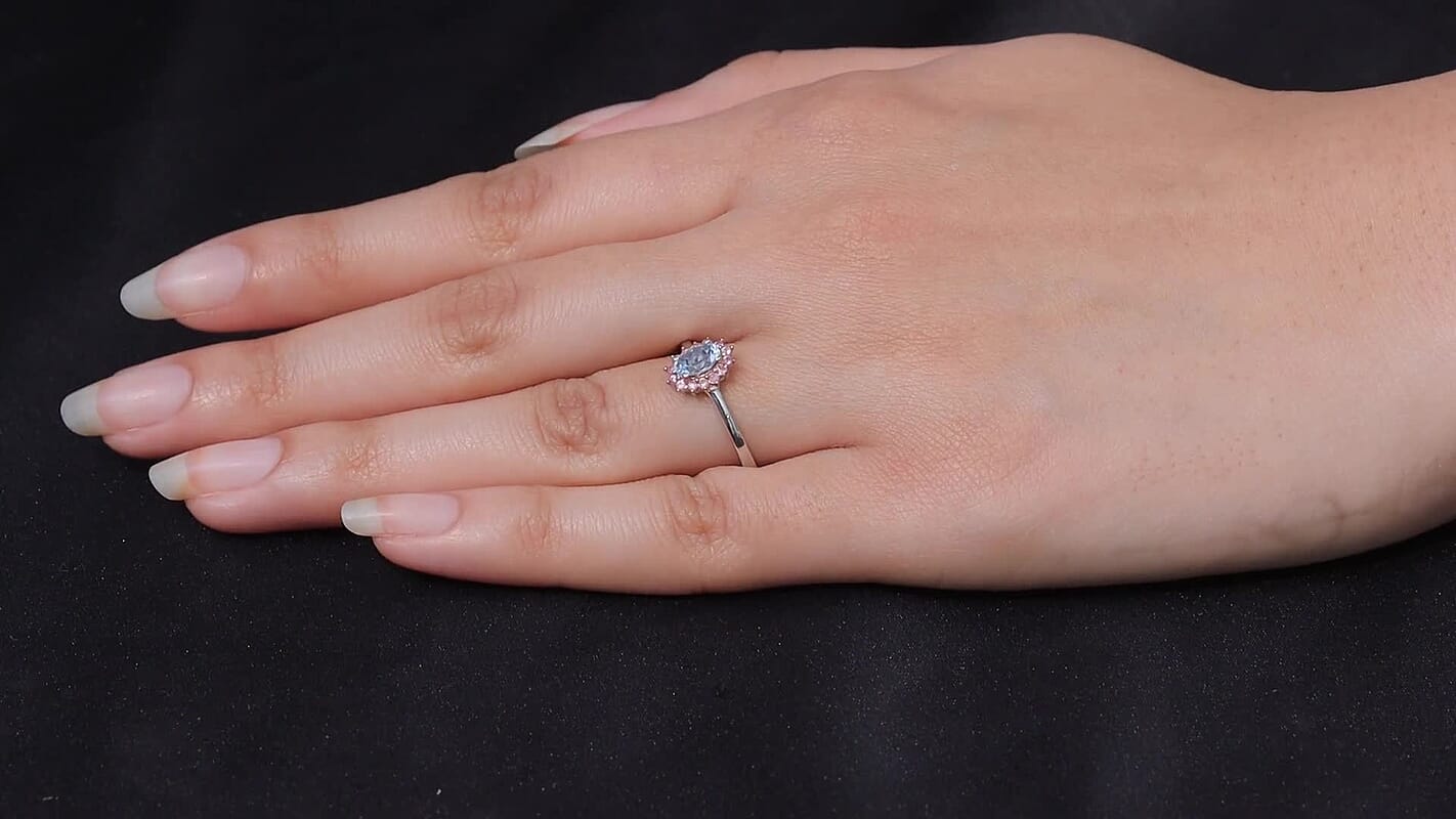 D'Joy Santa Maria Aquamarine, Madagascar Pink Sapphire Ocean Blossom Ring in Rhodium Over Sterling Silver (Size 9.0) 0.75 ctw