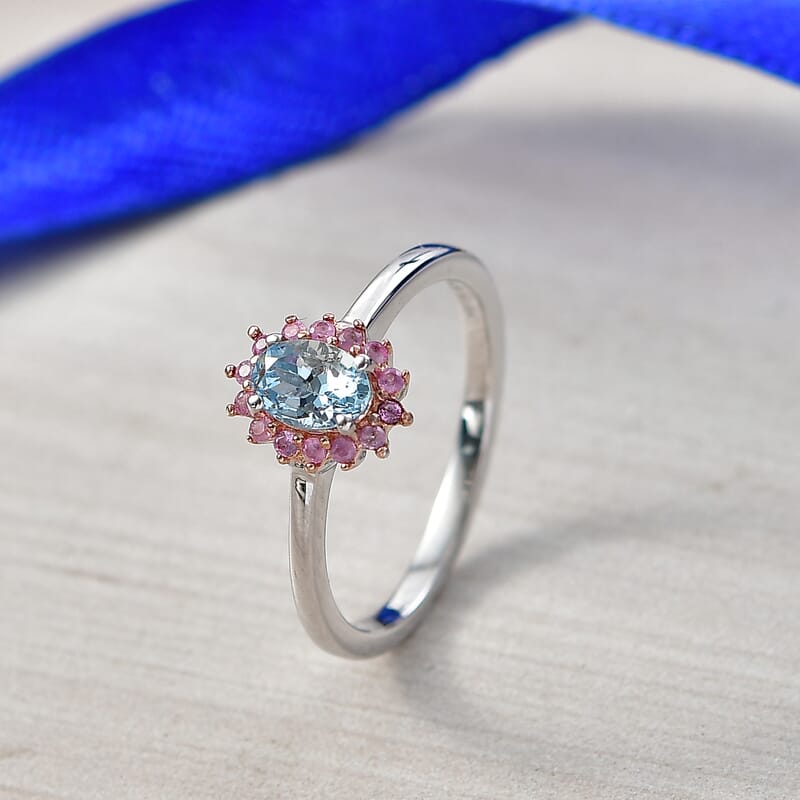 D'Joy Santa Maria Aquamarine and Madagascar Pink Sapphire 0.75 ctw Ocean Blossom Ring in Rhodium Over Sterling Silver (Size 10.0)