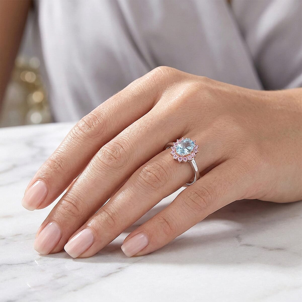 D'Joy Santa Maria Aquamarine and Madagascar Pink Sapphire 0.75 ctw Ocean Blossom Ring in Rhodium Over Sterling Silver (Size 10.0) image number 2