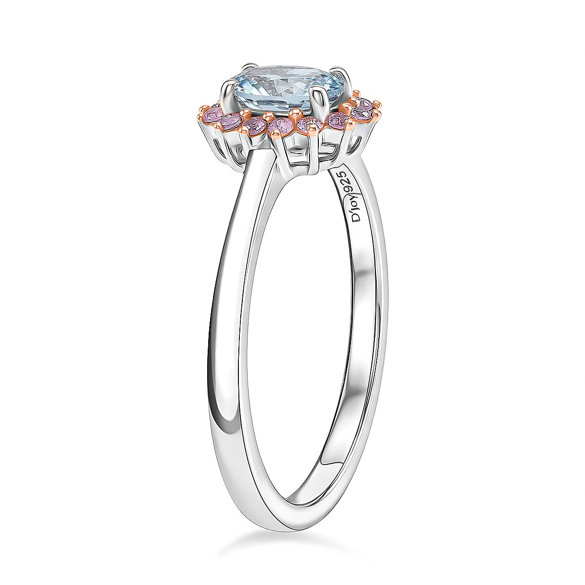 D'Joy Santa Maria Aquamarine and Madagascar Pink Sapphire 0.75 ctw Ocean Blossom Ring in Rhodium Over Sterling Silver (Size 10.0) image number 3