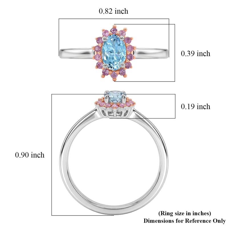 D'Joy Santa Maria Aquamarine and Madagascar Pink Sapphire 0.75 ctw Ocean Blossom Ring in Rhodium Over Sterling Silver (Size 10.0)