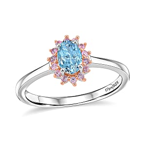 D'Joy Santa Maria Aquamarine and Madagascar Pink Sapphire 0.60 ctw Ring in Rhodium Over Sterling Silver (Size 7.0)