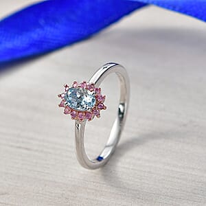 D'Joy Santa Maria Aquamarine and Madagascar Pink Sapphire 0.60 ctw Ring in Rhodium Over Sterling Silver (Size 7.0)