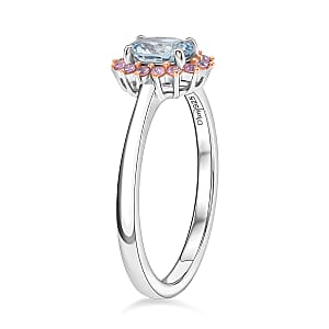D'Joy Santa Maria Aquamarine and Madagascar Pink Sapphire 0.75 ctw Ocean Blossom Ring in Rhodium Over Sterling Silver (Size 9.0)