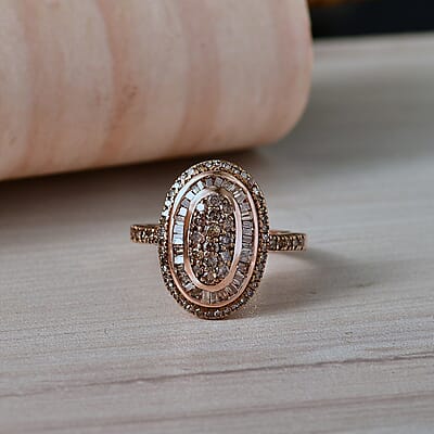 D'Joy Natural Champagne Diamond 1.00 ctw Royal Sunburst Ring in 18K Vermeil Rose Gold Over Sterling Silver (Size 7.0)